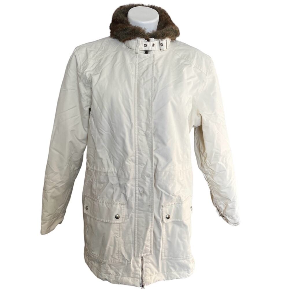 Lands End winter white quilted water repellent jacket size large faux fur collar